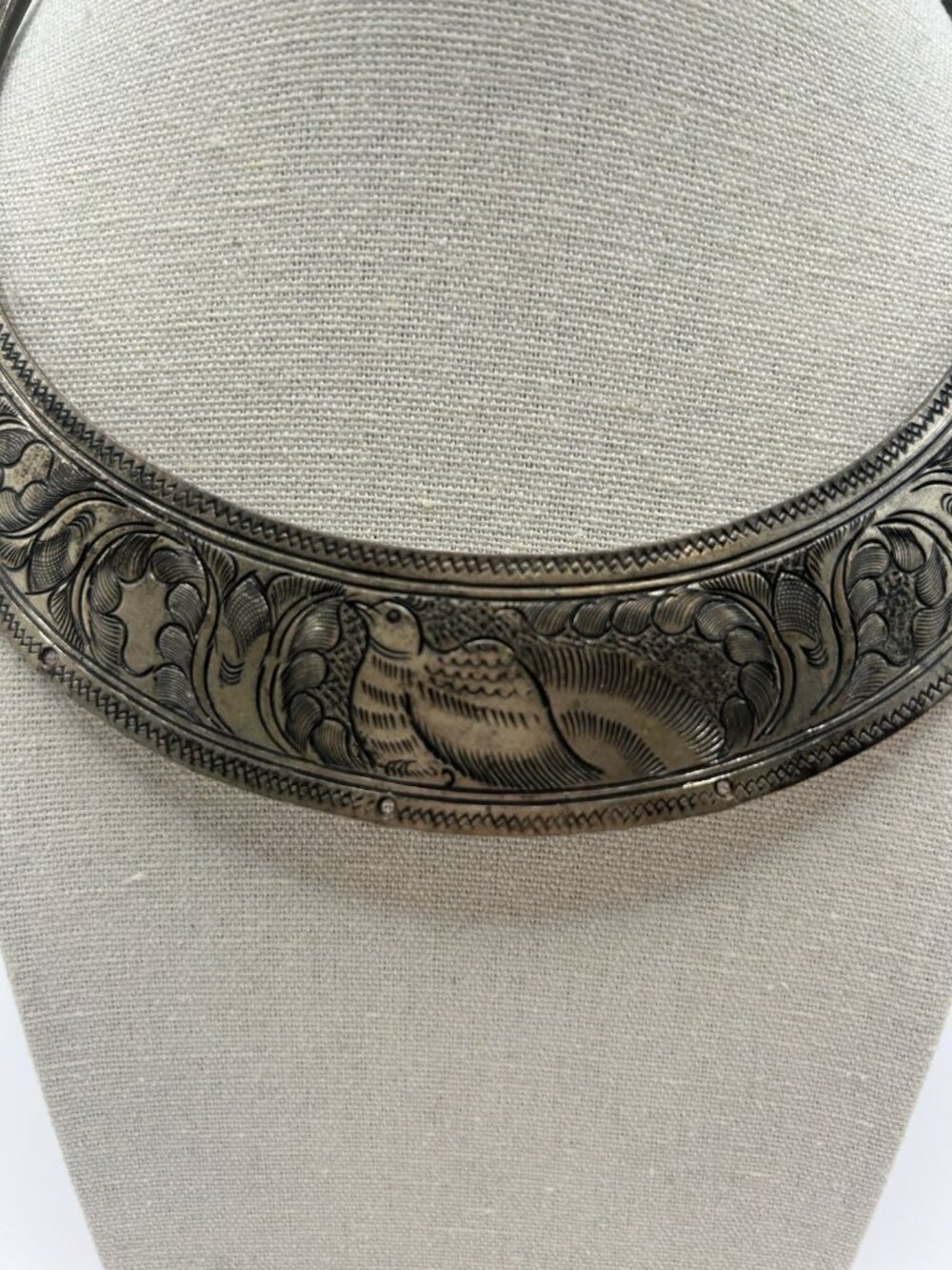 Vintage Tribal Ceremonial Etched Collar Necklace Bird Motif Silver Tone Boho - Picture 2 of 15